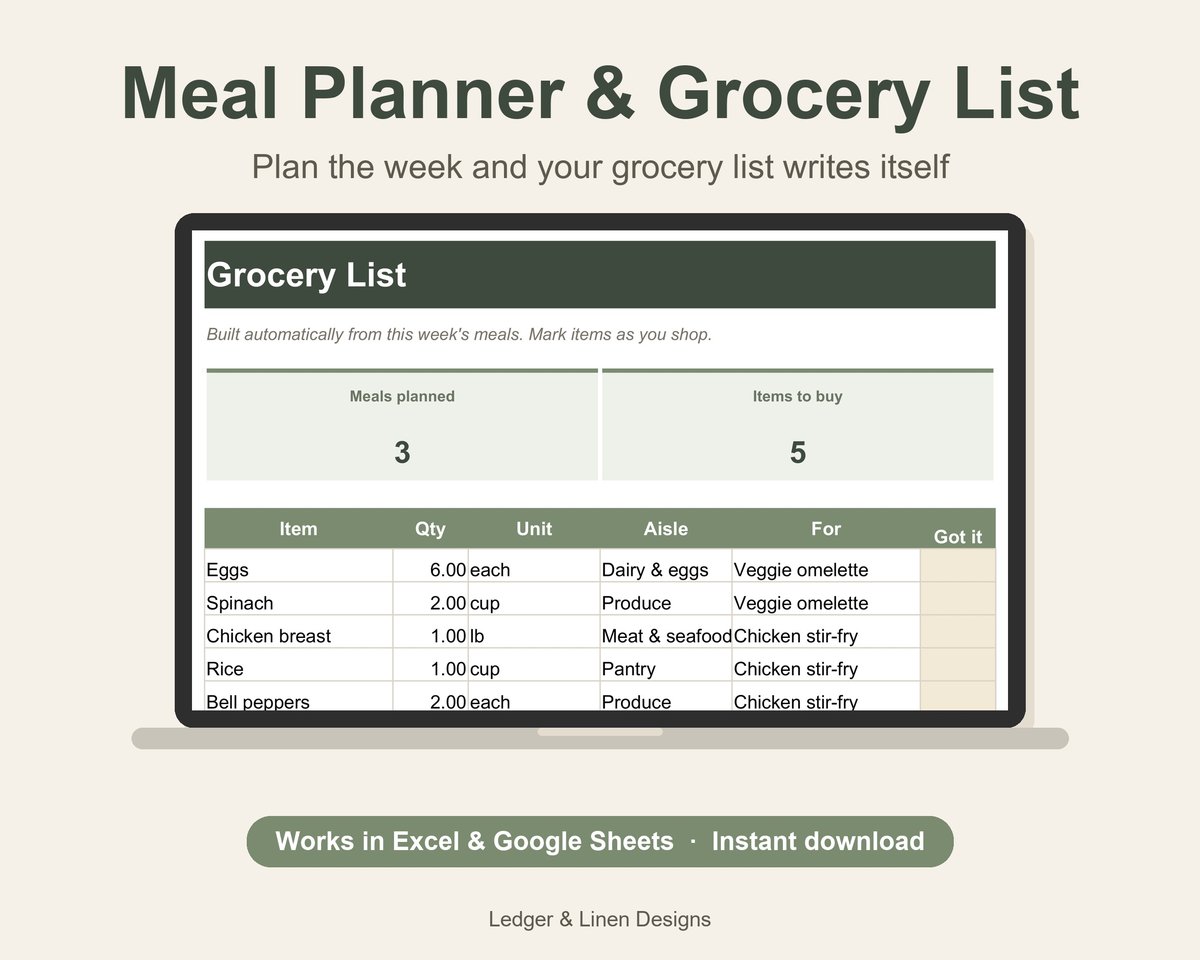 Meal Planner Spreadsheet with Automatic Grocery List