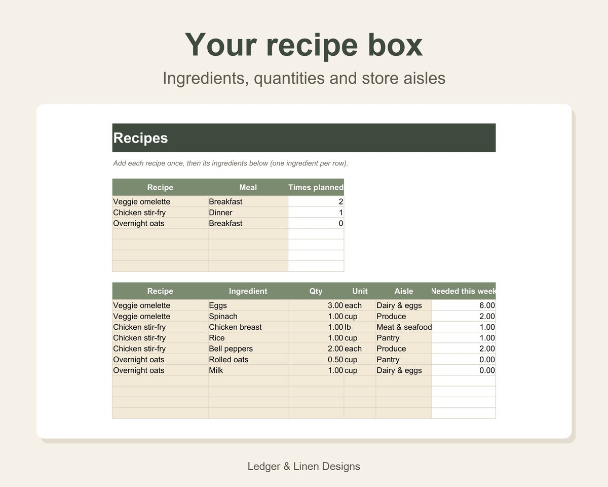 Meal Planner Spreadsheet with Automatic Grocery List preview 4